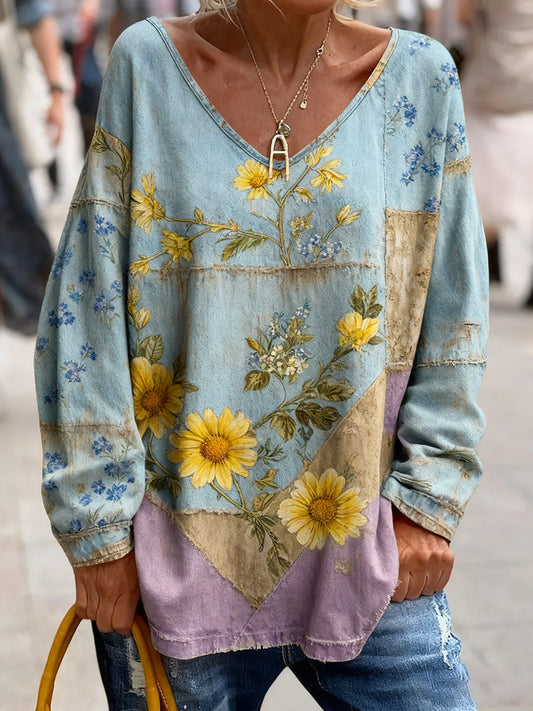 Γυναικείο Vintage Bohemian Floral Τέχνη Εκτύπωση άνετο πουλόβερ κορυφαίο