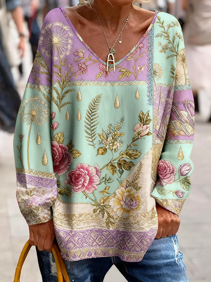 Γυναικείο Vintage Bohemian Floral Τέχνη Εκτύπωση άνετο πουλόβερ κορυφαίο