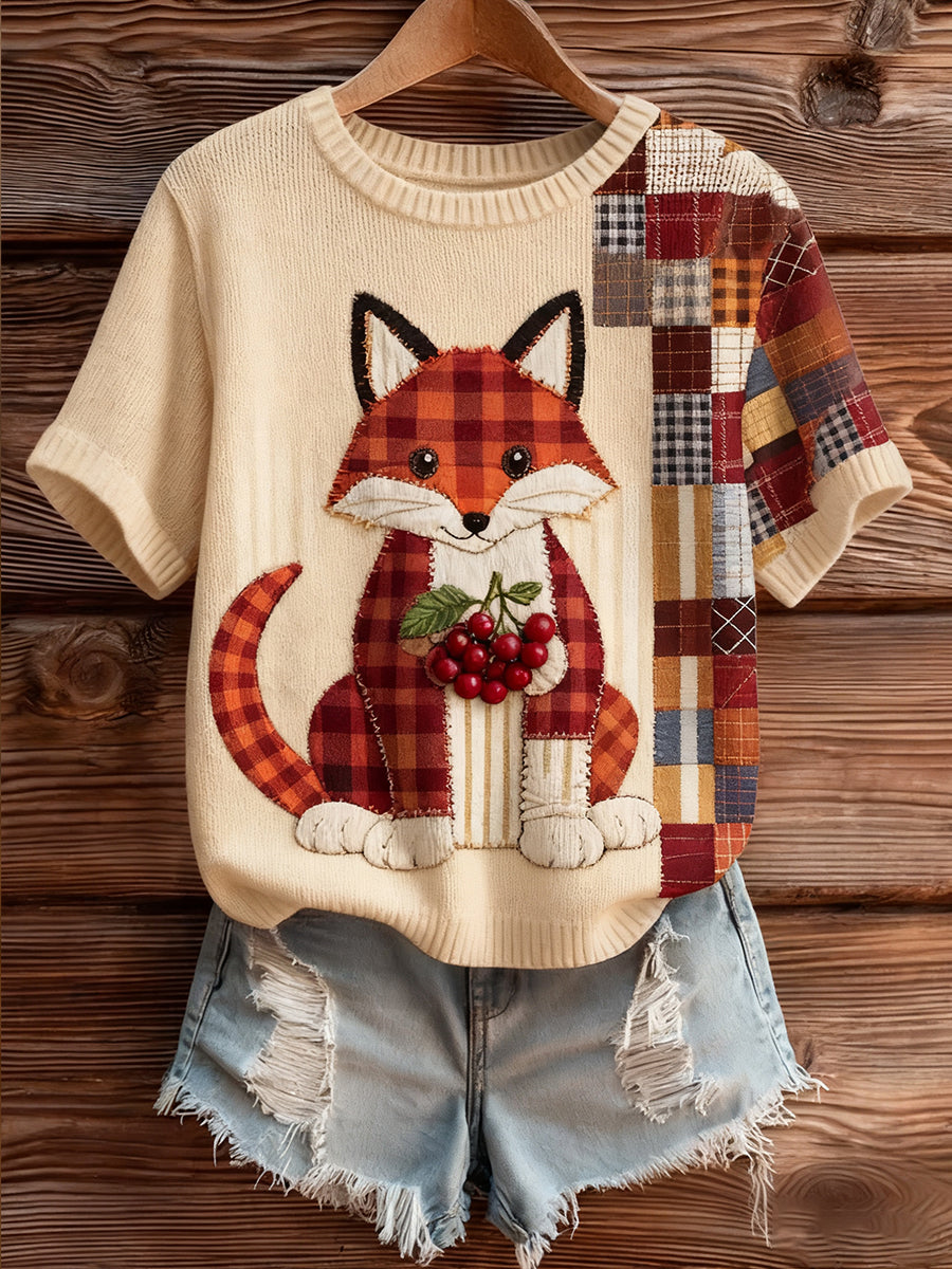 Γυναικείο καλλιτεχνικό ζώο εκτύπωση άνετο πλεκτό κοντό μανίκι κορυφού