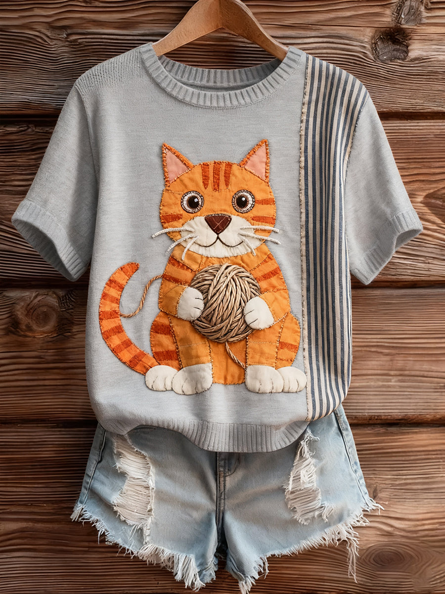 Γυναικείο καλλιτεχνικό ζώο εκτύπωση άνετο πλεκτό κοντό μανίκι κορυφού