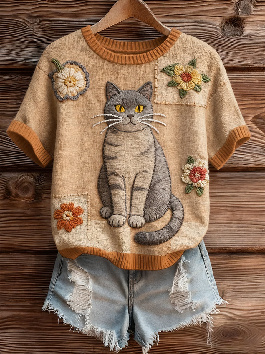 Γυναικείο καλλιτεχνικό ζώο εκτύπωση άνετο πλεκτό κοντό μανίκι κορυφού