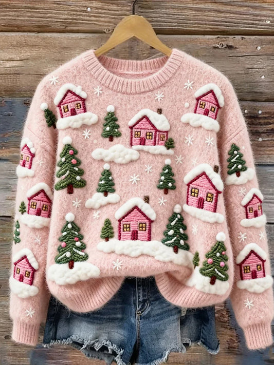 Γυναικείο Vintage Χριστούγεννα Τέχνη Εκτύπωση άνετο περιστασιακό πουλόβερ.