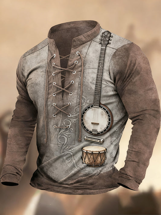 Vintage δυτική τέχνη εκτύπωση χώρα στυλ V-Neck Henley μακριά μανίκι πουκάμισα