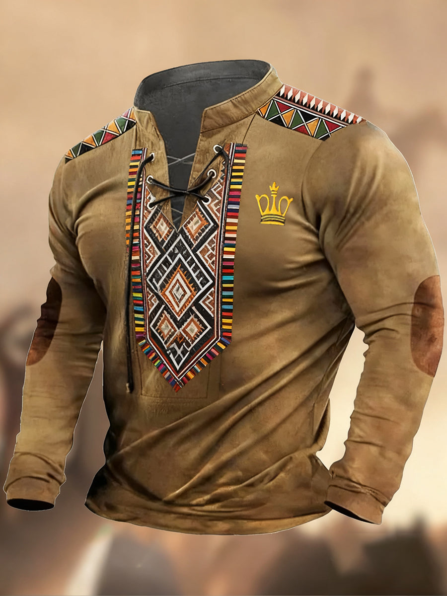 Vintage δυτική τέχνη εκτύπωση χώρα στυλ V-Neck Henley μακριά μανίκι πουκάμισα