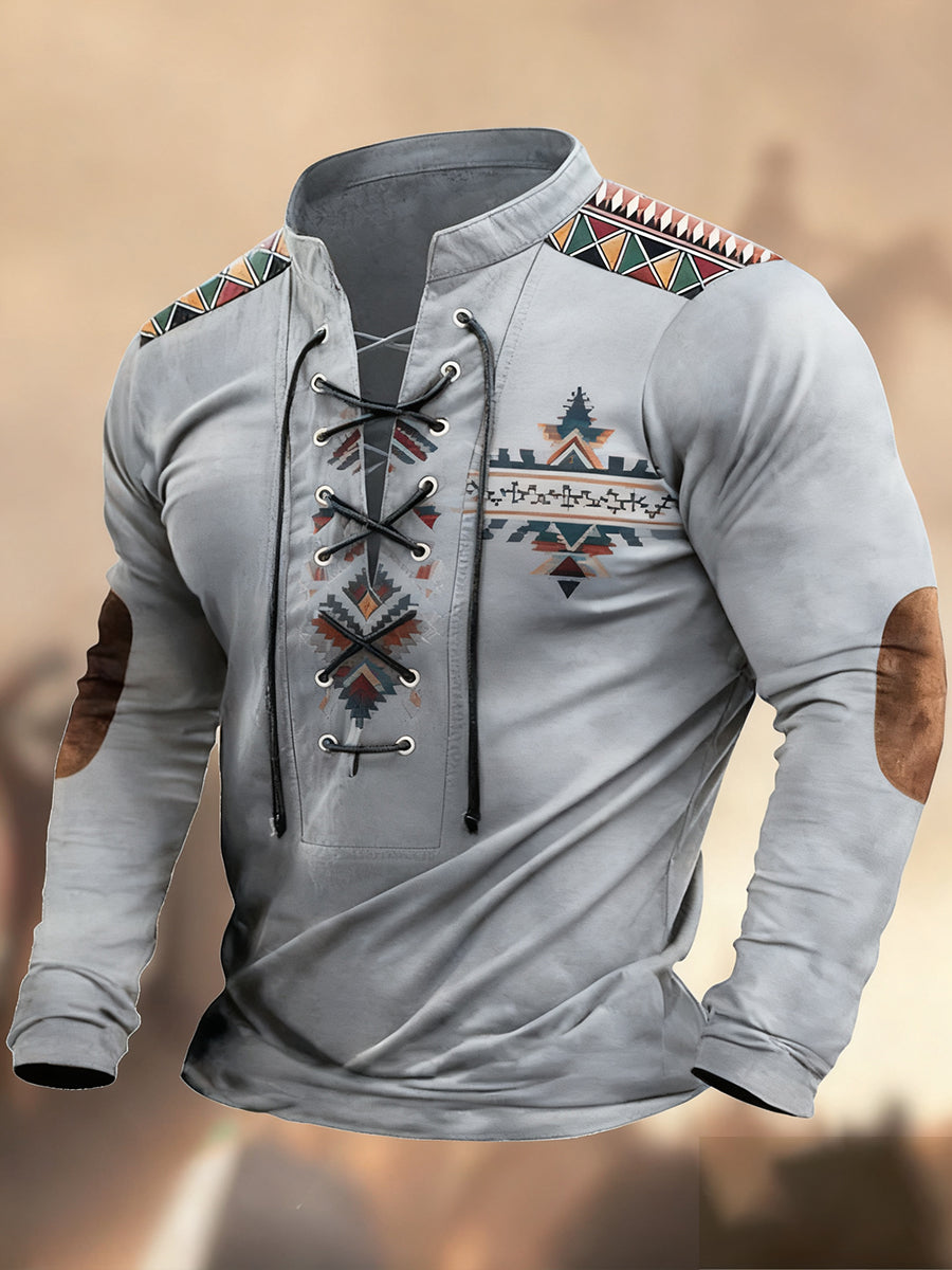 Vintage δυτική τέχνη εκτύπωση χώρα στυλ V-Neck Henley μακριά μανίκι πουκάμισα