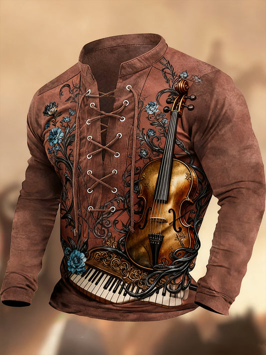 Vintage δυτική τέχνη εκτύπωση χώρα στυλ V-Neck Henley μακριά μανίκι πουκάμισα