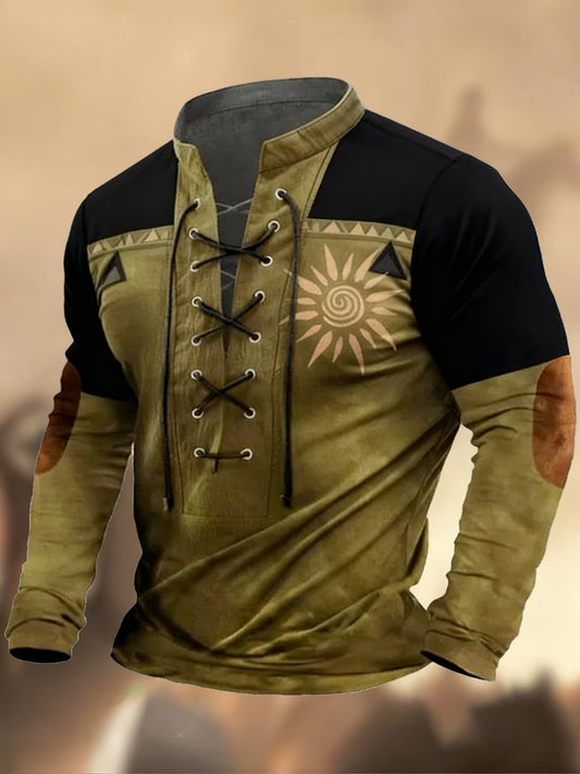 Vintage δυτική τέχνη εκτύπωση χώρα στυλ V-Neck Henley μακριά μανίκι πουκάμισα