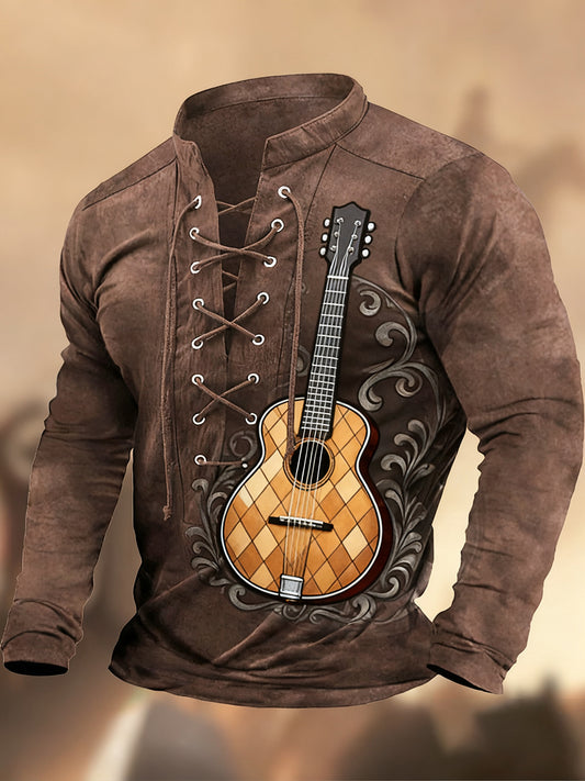 Vintage δυτική τέχνη εκτύπωση χώρα στυλ V-Neck Henley μακριά μανίκι πουκάμισα