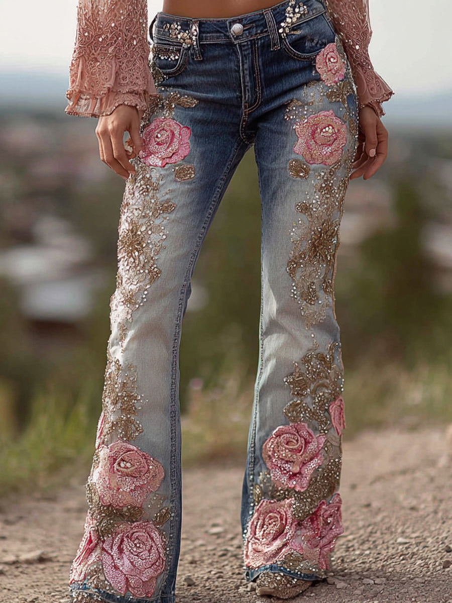 Γυναικεία ανθοπωλεία τέχνη Denim φωτιά παντελόνια