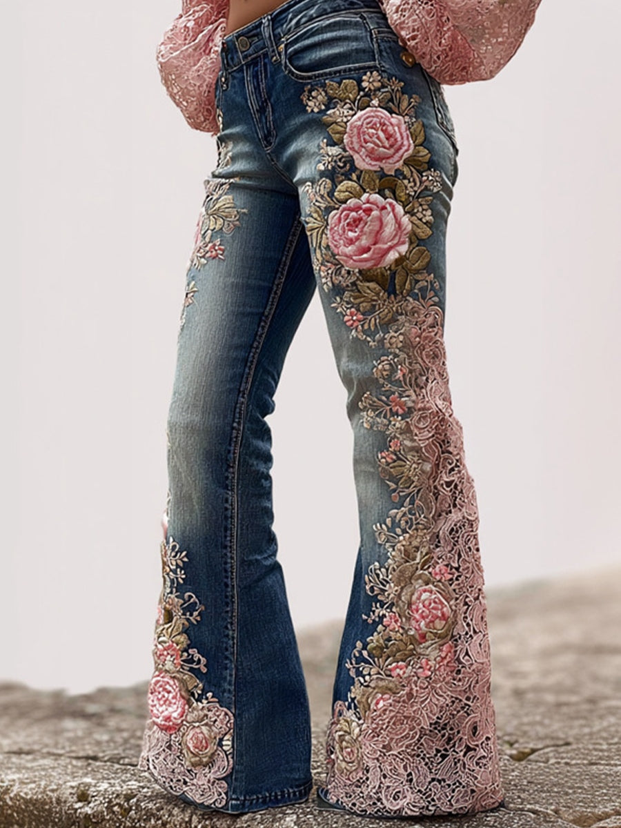 Γυναικεία ανθοπωλεία τέχνη Denim φωτιά παντελόνια