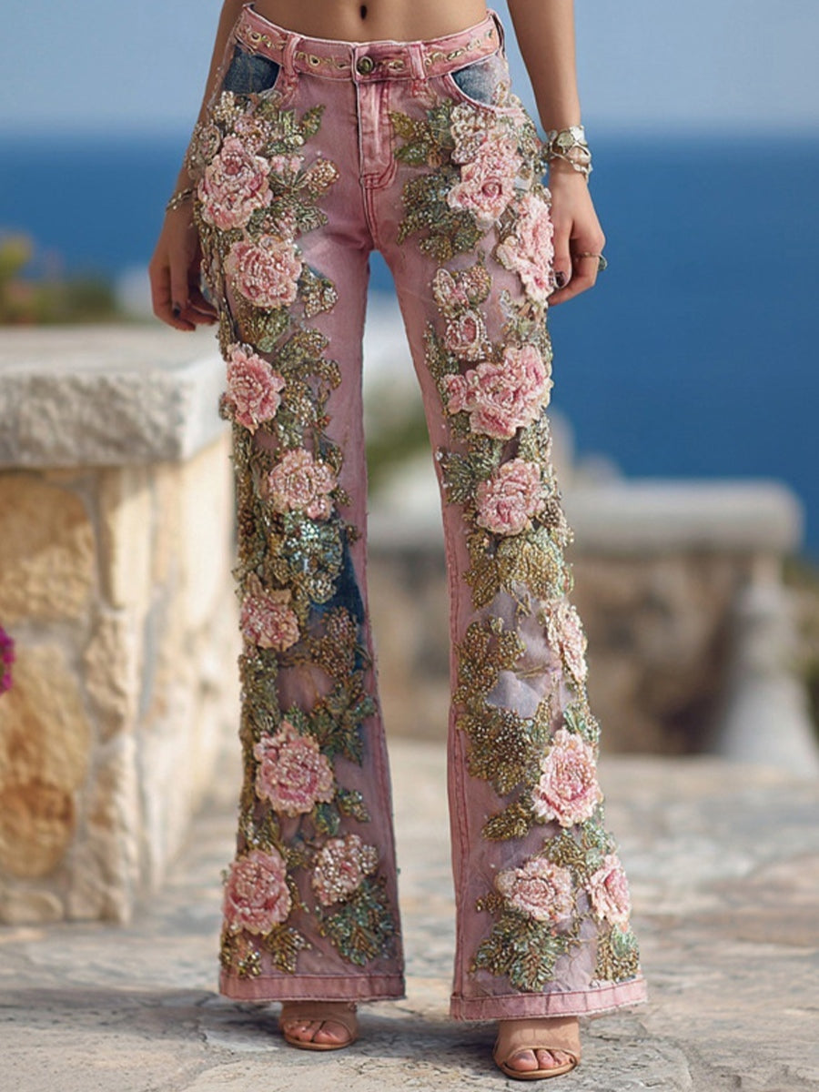 Γυναικεία ανθοπωλεία τέχνη Denim φωτιά παντελόνια