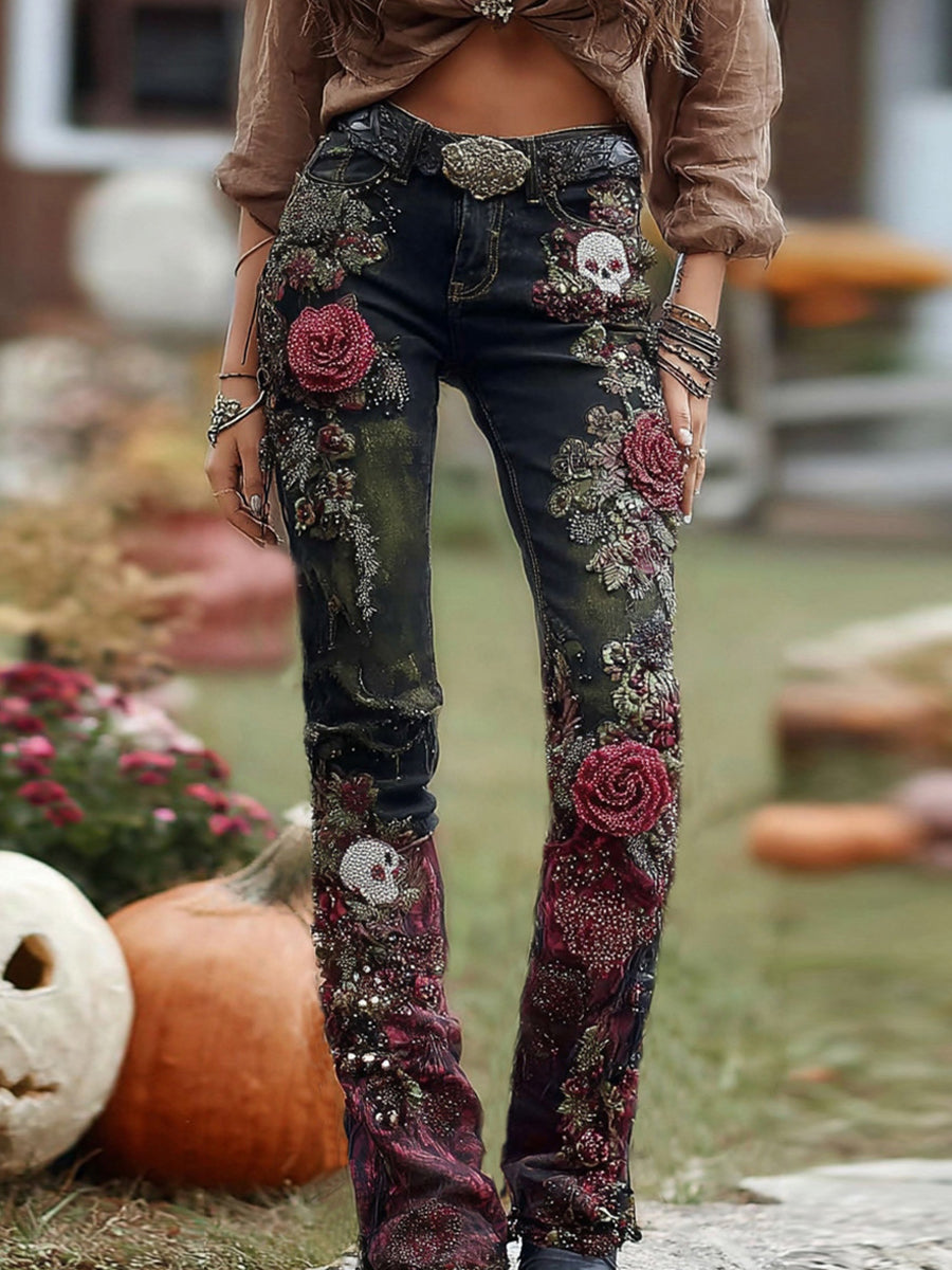 Γυναικεία ανθοπωλεία τέχνη Denim φωτιά παντελόνια
