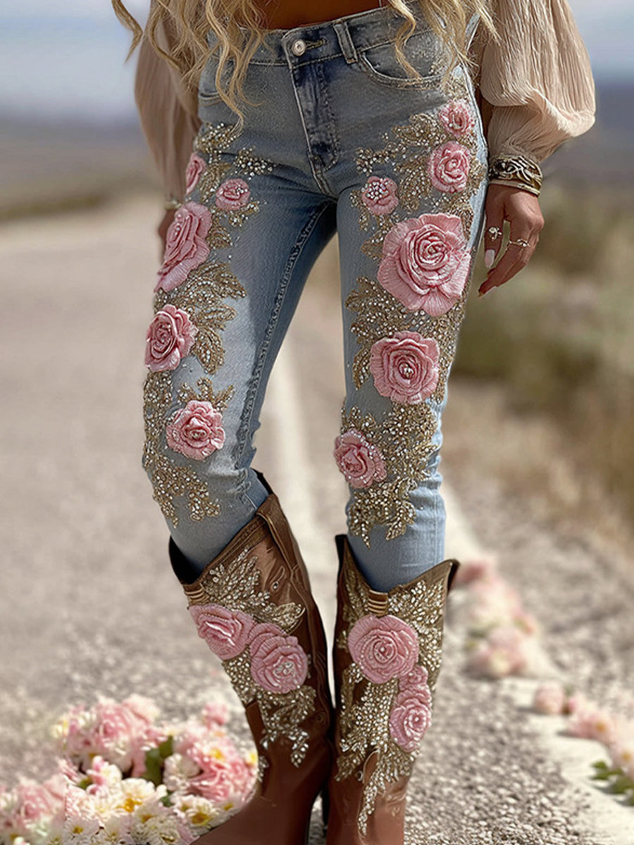 Γυναικεία ανθοπωλεία τέχνη Denim φωτιά παντελόνια