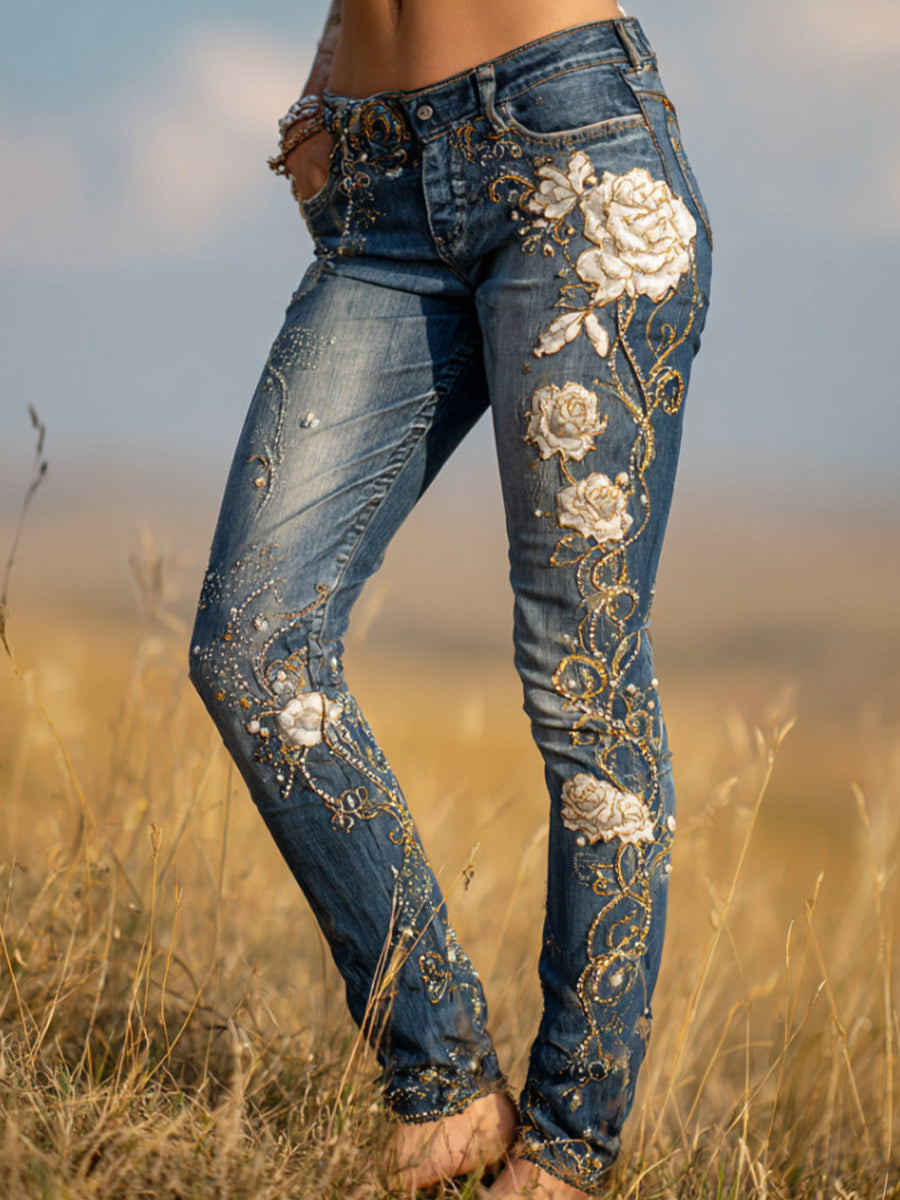 Γυναικεία ανθοπωλεία τέχνη Denim φωτιά παντελόνια