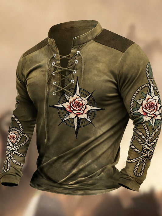 Vintage δυτική τέχνη εκτύπωση χώρα στυλ V-Neck Henley μακριά μανίκι πουκάμισα