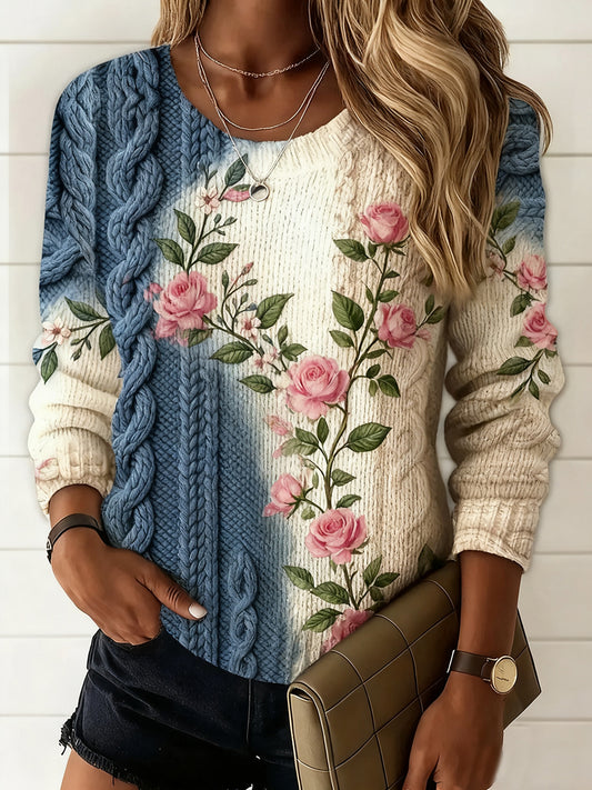 Γυναικείο Vintage Floral Τέχνη Εκτύπωση περιστασιακό πουλόβερ άνεσης