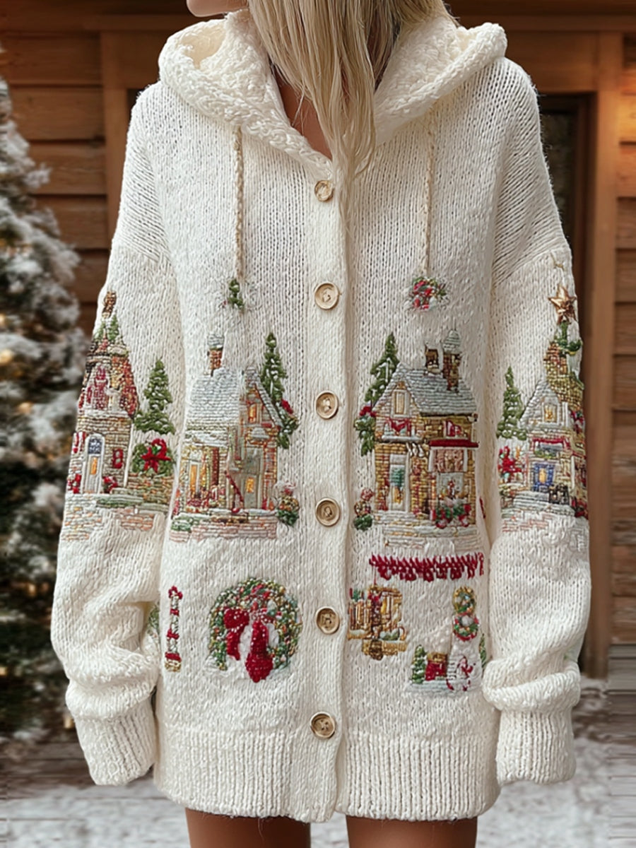 Women's Retro Christmas Art Print Casual Midi Hooded Cardigan
