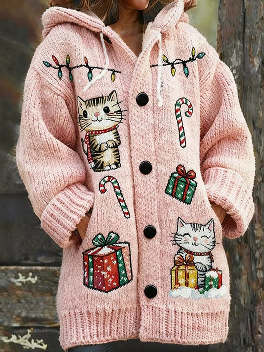 Women's Retro Christmas Art Print Casual Midi Hooded Cardigan