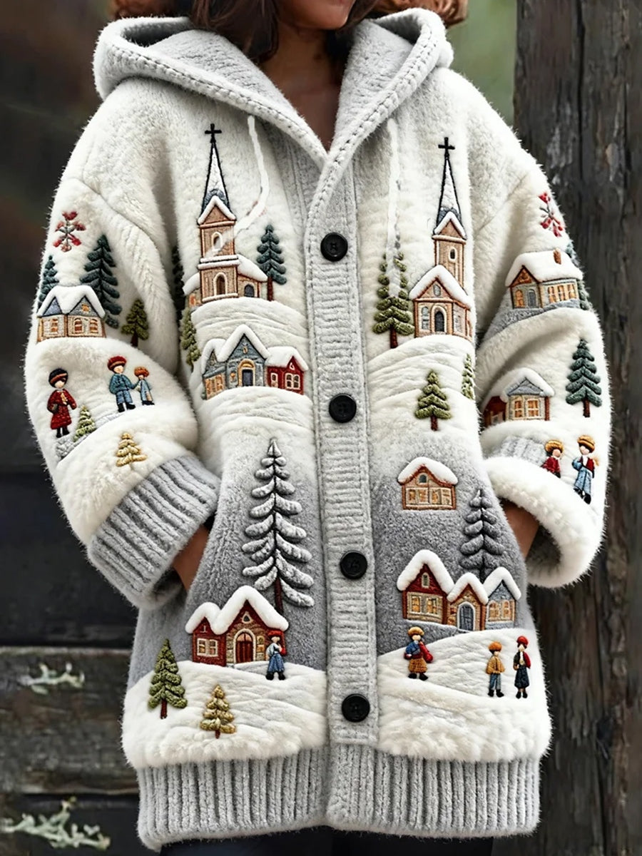 Women's Retro Christmas Art Print Casual Midi Hooded Cardigan