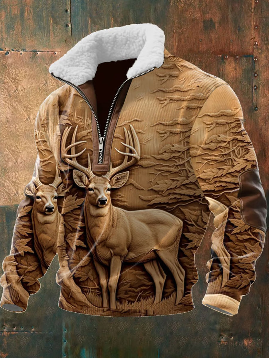 Ανδρικό φούτερ με φερμουάρ και γούνινο γιακά, με ρετρό δυτικό σχέδιο