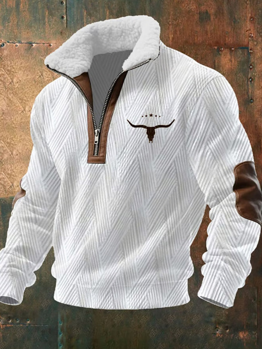 Ανδρικό φούτερ με φερμουάρ και γούνινο γιακά, με ρετρό δυτικό σχέδιο