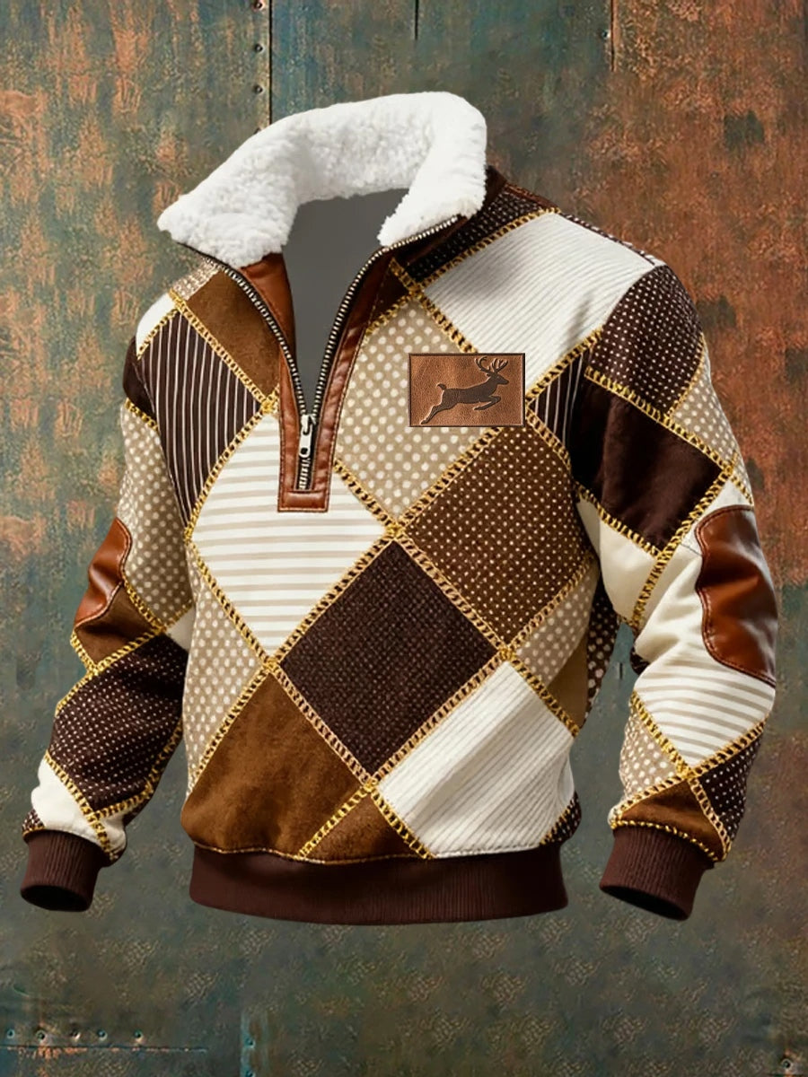 Ανδρικό φούτερ με φερμουάρ και γούνινο γιακά, με ρετρό δυτικό σχέδιο
