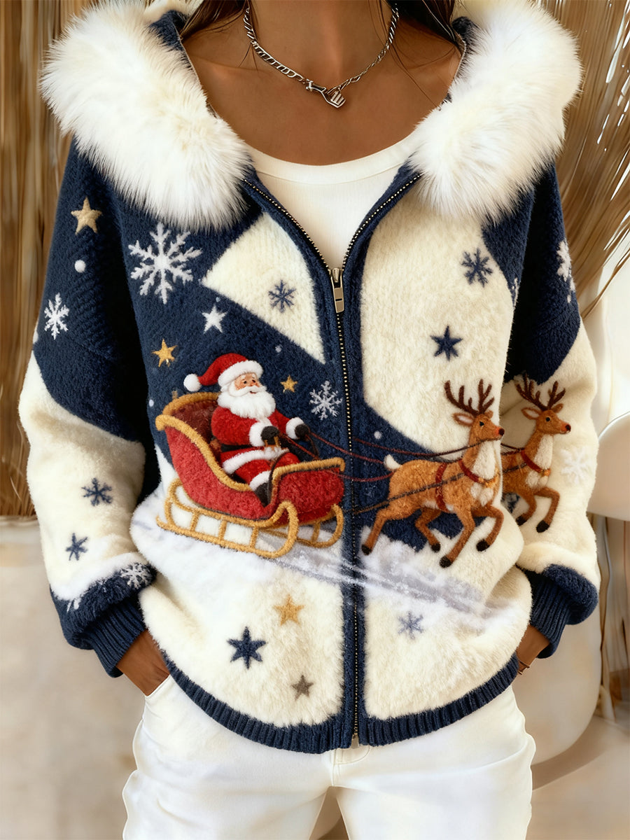 Γυναίκες Retro Χριστουγεννιάτικο Τέχνη άνετα Plush κουκούλας ζακέτα