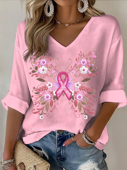 Γυναικεία Ροζ πεταλούδα περιστασιακό V-Neck Top V