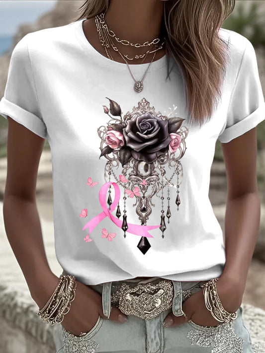 Γυναικείο μοντέρνο ευρωπαϊκό λευκό T-shirt με φωτεινό τριαντάφυλλο και καρκίνο του μαστού σχεδιασμό κορδέλα πρόληψης δημιουργεί ένα μοντέρνο σχεδιασμό ημερήσια αντικείμενο