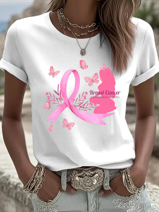 Γυναικείο ευρωπαϊκό λευκό T-shirt, διακοσμημένο με χαριτωμένες γυναίκες και κορδέλα πρόληψης καρκίνου του μαστού, είναι η πρώτη επιλογή για τη μοντέρνα casual tops