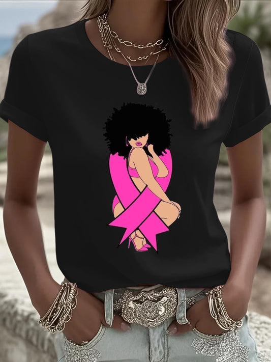 Γυναικείο ευρωπαϊκό μαύρο T-shirt, διακοσμημένο με χαριτωμένες γυναίκες και κορδέλα πρόληψης καρκίνου του μαστού, είναι η πρώτη επιλογή για κομψές casual tops