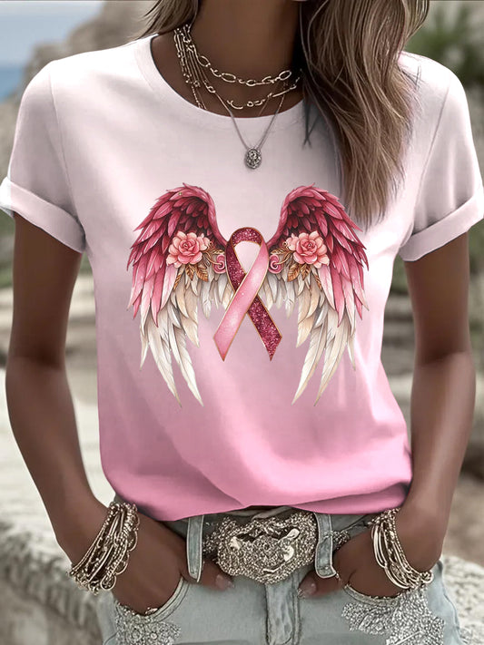 Γυναικείο δημοφιλές ευρωπαϊκό ροζ T-shirt, διακοσμημένο με όμορφα φτερά κορδέλα πρόληψης καρκίνου του μαστού, είναι μια μοντέρνα επιλογή για καθημερινή φθορά