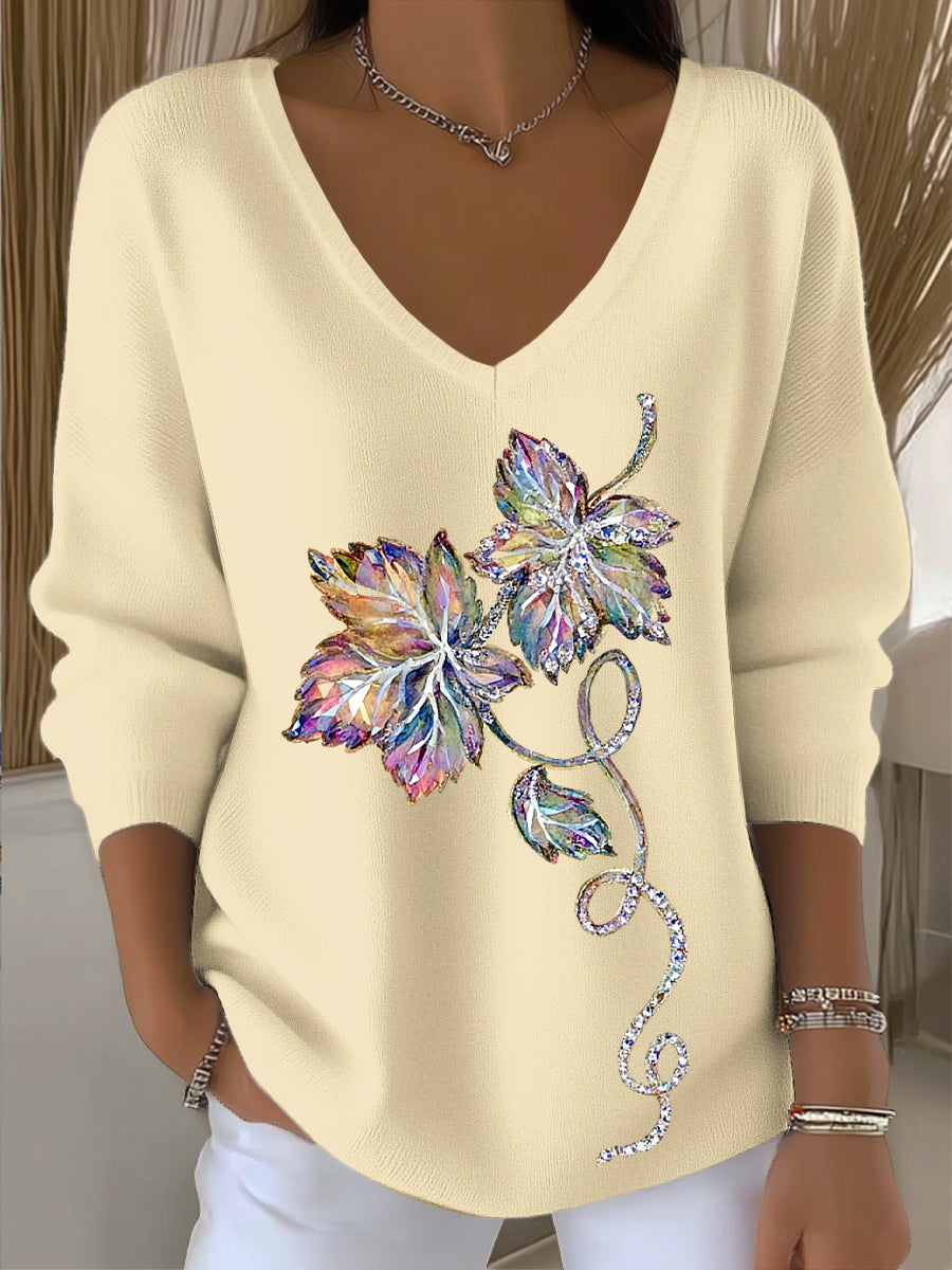 Γυναικείο Vintage Leaf Ελαιογραφία Rhinestone Τέχνη V-Neck κορυφαίο