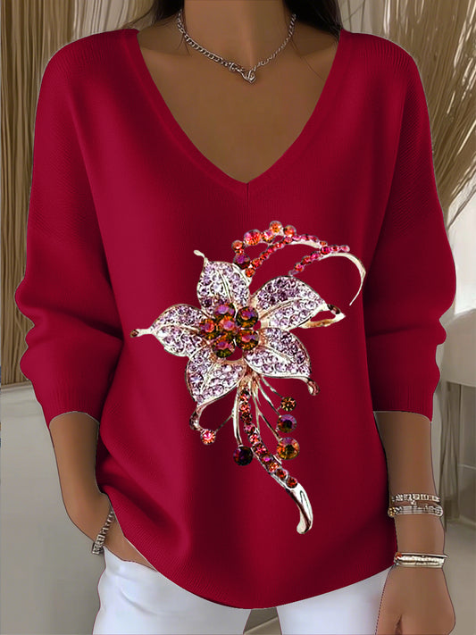 Γυναικείο Vintage Floral Rhinestone τέχνη V-Neck κορυφαίο