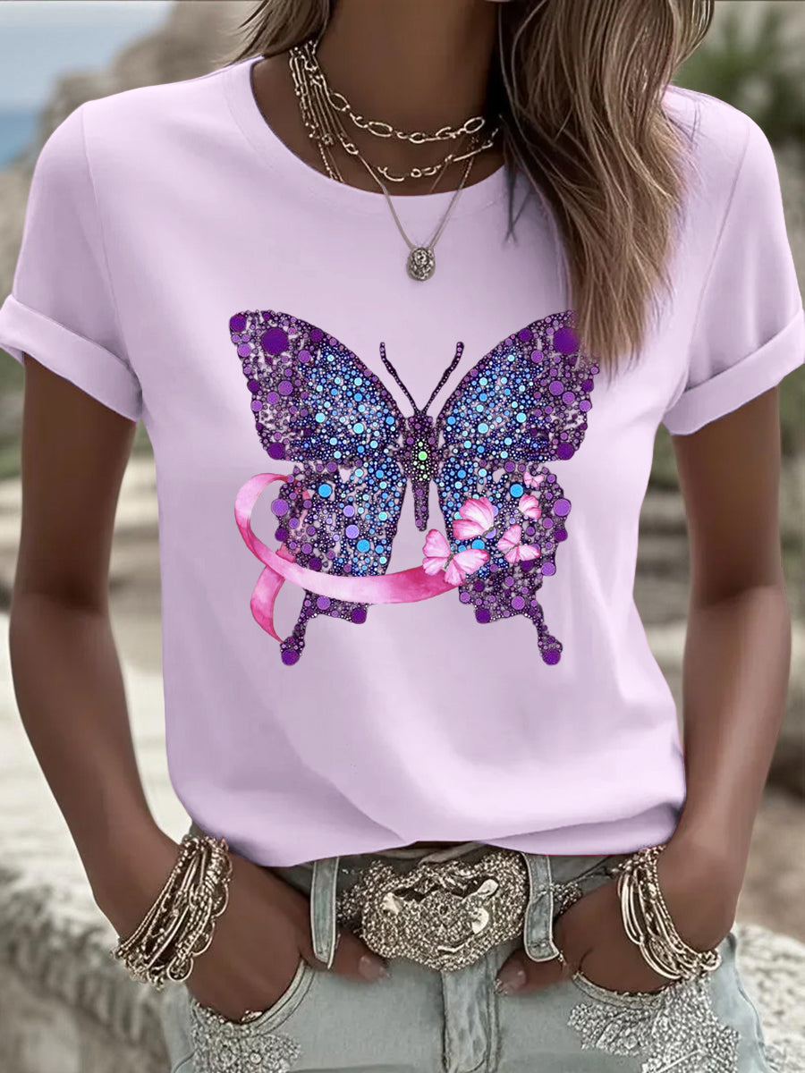 Γυναικείο μοντέρνο ευρωπαϊκό ελαφρύ μωβ μπλουζάκι, ματιωμένο πεταλούδα λουλούδια και κορδέλα πρόληψης καρκίνου του μαστού σχεδιασμού κορδέλα