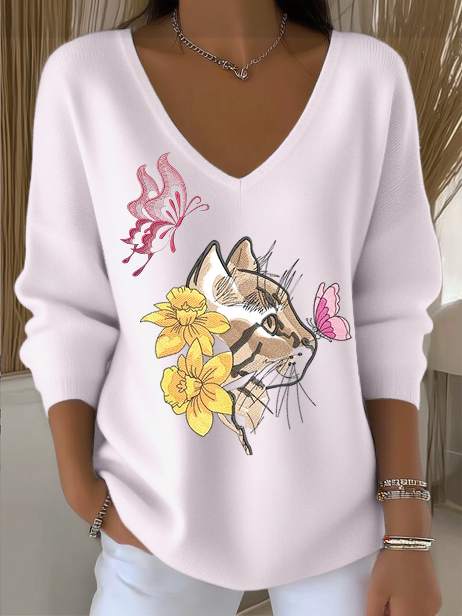 Γυναικείο ευρωπαϊκό στυλ ανοιχτό ροζ V-λαιμό πουλόβερ, στολισμένο με χαριτωμένες γάτες και λουλούδια κεντήματα, απλό και μοντέρνο, παρουσιαστικό στυλ σε καθημερινή φθορά