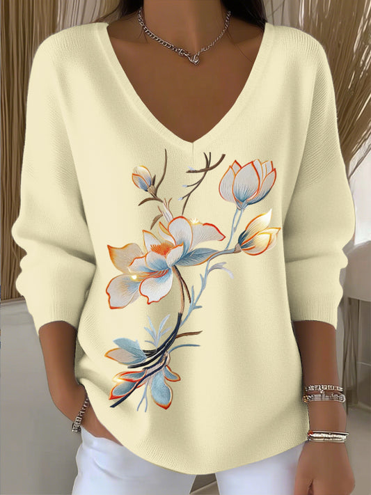Γυναικείο ευρωπαϊκό στυλ ανοιχτό κίτρινο V-λαιμό πουλόβερ, ζευγάρι με γοητευτικό λουλουδιά κεντήματα, μοντέρνα και άνετα, ανταπόκριση καθημερινών αναγκών