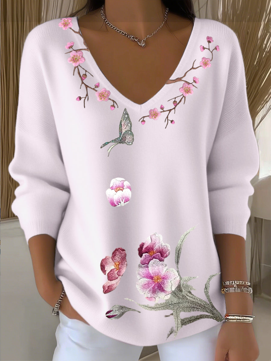 Γυναικείο ευρωπαϊκό στυλ ανοιχτό ροζ V-λαιμό πουλόβερ με πεταλούδα και λουλούδια κεντήματα, κομψό και μαλακό, ενίσχυση της υφής της καθημερινής φθοράς