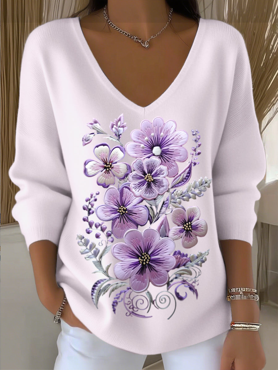 Γυναικείο ευρωπαϊκό στυλ ανοιχτό μωβ V-λαιμό πουλόβερ με εξαιρετικά λουλούδια κεντήματα, μοντέρνα και άνετα, κατάλληλο για καθημερινή φθορά