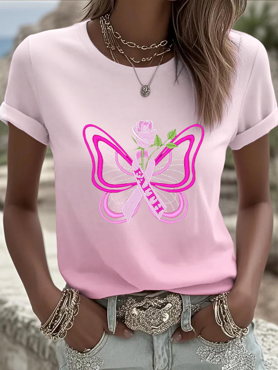 Γυναικείο μοντέρνο Ευρωπαϊκό ροζ T-shirt, μοναδικό πεταλούδα και κορδέλα πρόληψης καρκίνου του μαστού, εξατομικευμένη καθημερινά ρούχα