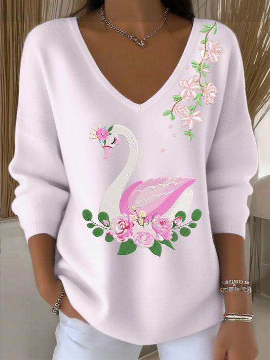 Γυναικείο ευρωπαϊκό στυλ ανοιχτό ροζ V-λαιμό πουλόβερ με γοητευτικό κύκνο κέντημα, μοντέρνο και άνετο, εύκολο στη δημιουργία καθημερινής εμφάνισης