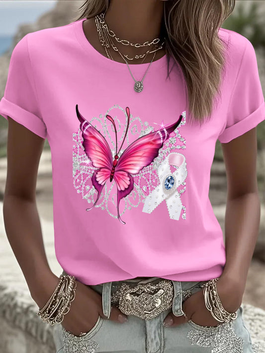 Γυναικείο ευρωπαϊκό στυλ ροζ T-shirt, αστραφτερή πεταλούδα κορδέλα πρόληψης καρκίνου του μαστού, επιλεγμένο για καθημερινή φθορά