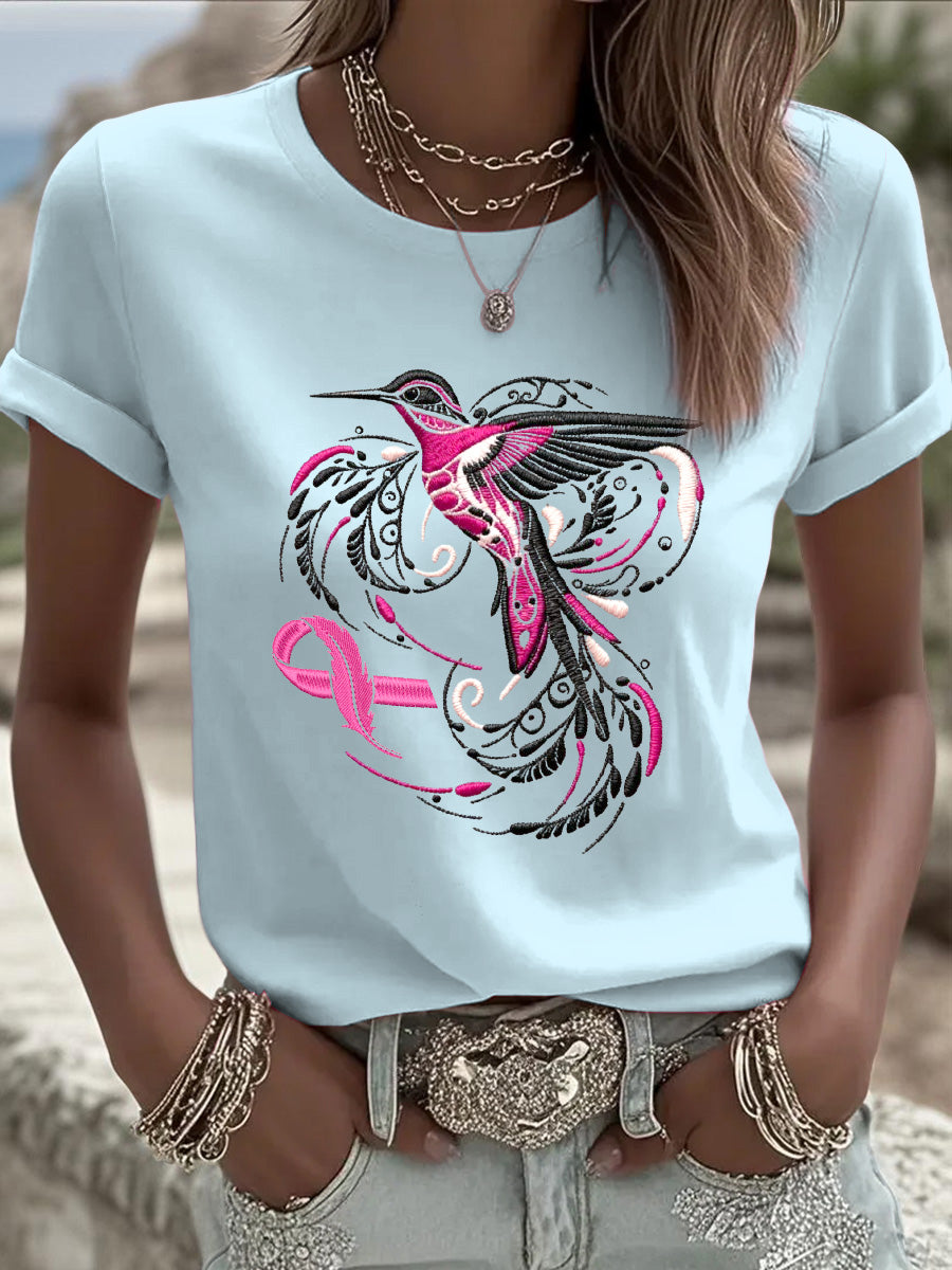 Γυναικείο μπλε πουλιά κεντημένο Καθαρό T-shirt