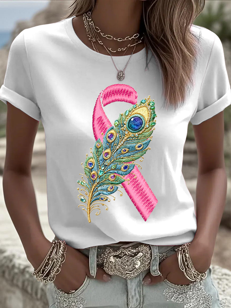 Γυναικείο λευκό φτερό κορδέλα κεντημένο ασθενή T-shirt