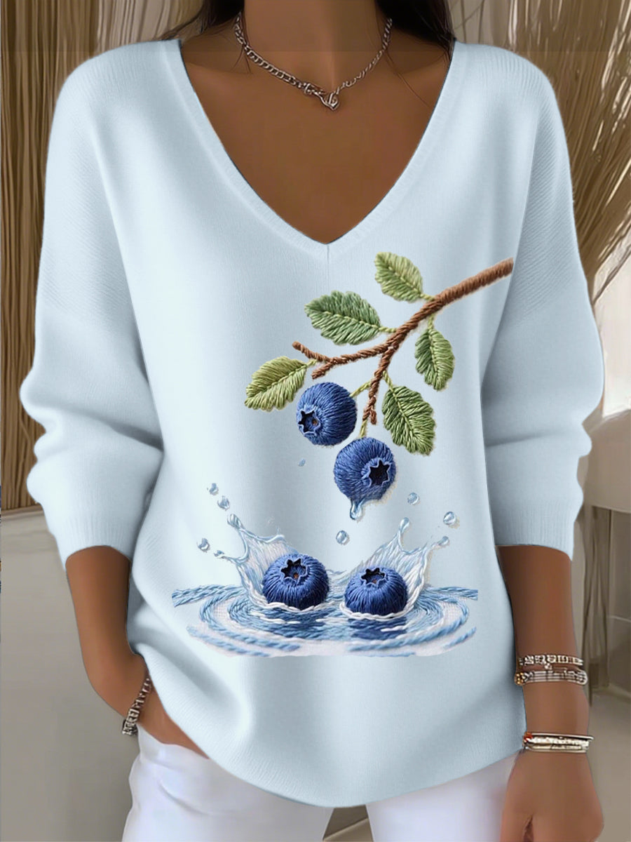 Γυναικείο ευρωπαϊκό στυλ ανοιχτό μπλε V-λαιμό πουλόβερ με εξαιρετικά κεντήματα βατόμουρου, κομψό και μαλακό, ενίσχυση της υφής της καθημερινής φθοράς