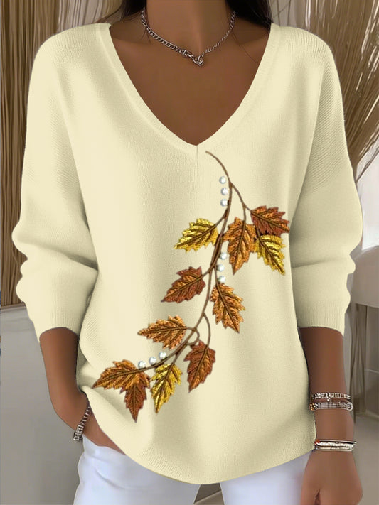 Γυναικείο ευρωπαϊκό στυλ ανοιχτό κίτρινο V-λαιμό πουλόβερ με εξαιρετικά φύλλα κεντήματα, μοντέρνα και άνετα, κατάλληλο για καθημερινή φθορά