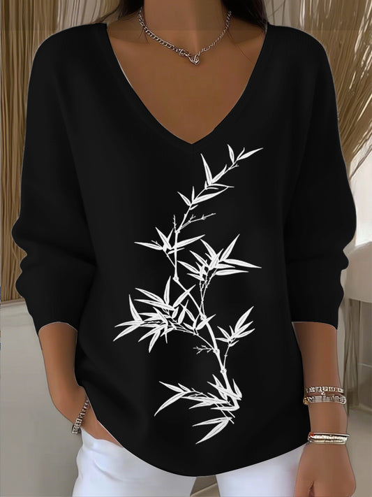 Γυναικείο ευρωπαϊκό στυλ μαύρο V-λαιμό πουλόβερ με απλό φύλλο κέντημα, μοντέρνο και άνετο, εύκολο στη δημιουργία καθημερινής εμφάνισης