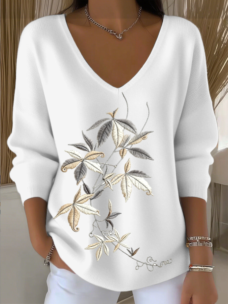 Γυναικείο ευρωπαϊκό στυλ λευκό V-λαιμό πουλόβερ με γοητευτικό φύλλο κέντημα, μοντέρνο και άνετο, εύκολο στη δημιουργία καθημερινής εμφάνισης