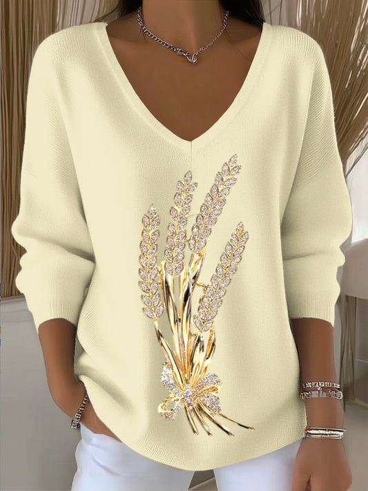 Γυναικείο ευρωπαϊκό στυλ ανοιχτό κίτρινο V-λαιμό πουλόβερ με απλό και μοντέρνο λουλούδι κέντημα, μοντέρνο και άνετο, εύκολο να ελεγχθεί καθημερινή επίδεση
