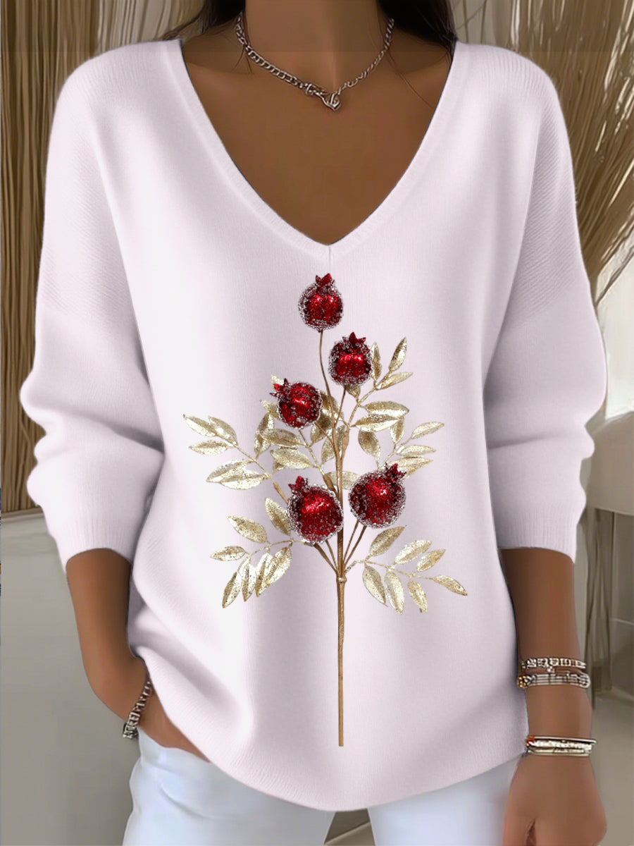 Γυναικείο ευρωπαϊκό στυλ ανοιχτό ροζ V-λαιμό πουλόβερ, στολισμένο με χαριτωμένο και ευαίσθητο λουλούδι κέντημα, κλασικό και άνετο, κατάλληλο για διάφορες καθημερινές σκηνές